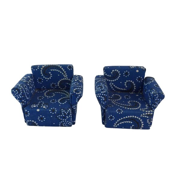 Miniature Dollhouse Blue Paisley Couch Arm Chair Set of 3 Wood Fabric Handmade - Picture 2 of 15